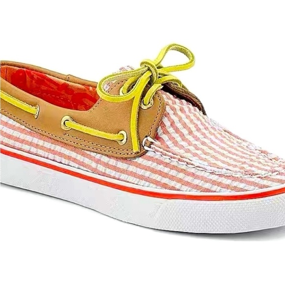 Seersucker Coral White Stripe Boat Shoes Women Size 8 New In Box Sperry Top Line - Picture 4 of 6